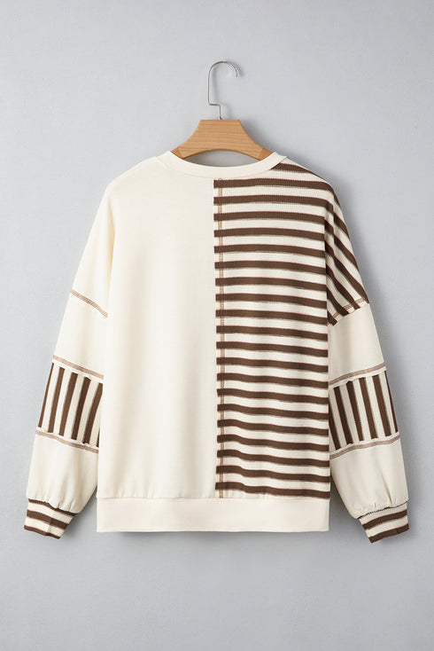 Colorblock Striped Patchwork Henley Pullover Top Exposed-Seam Drop-Shoulder